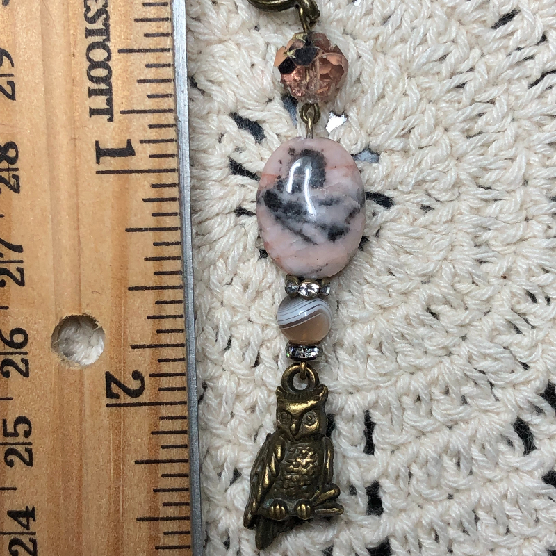 pink jasper, agate, gemstone, bronze love owl necklace pendant