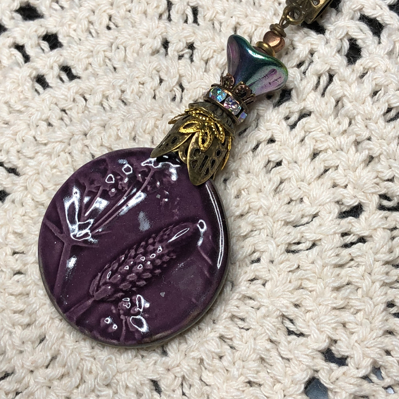 plum prairie plant print vintage artisan ceramic necklace pendant