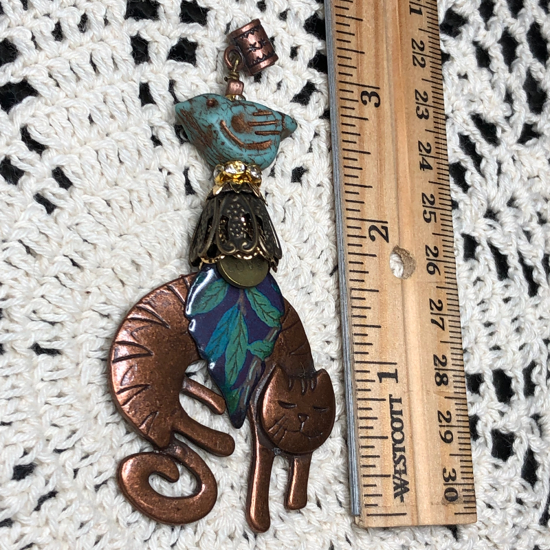 copper cat, purple leaf, teal bird necklace pendant