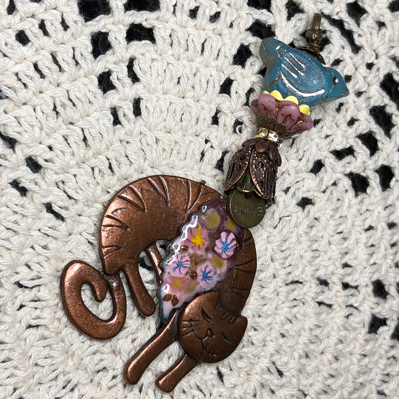copper cat, pink & gold floral leaf, blue bird necklace pendant