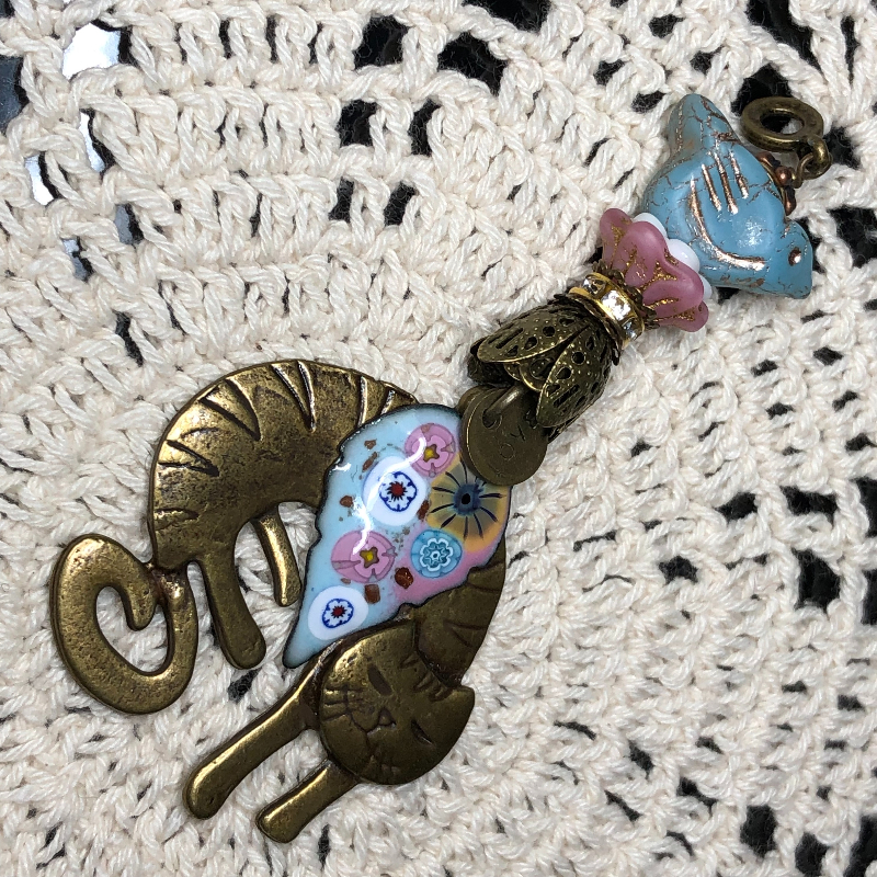 bronze cat, pink & blue, golden  flower leaf, blue bird necklace pendant