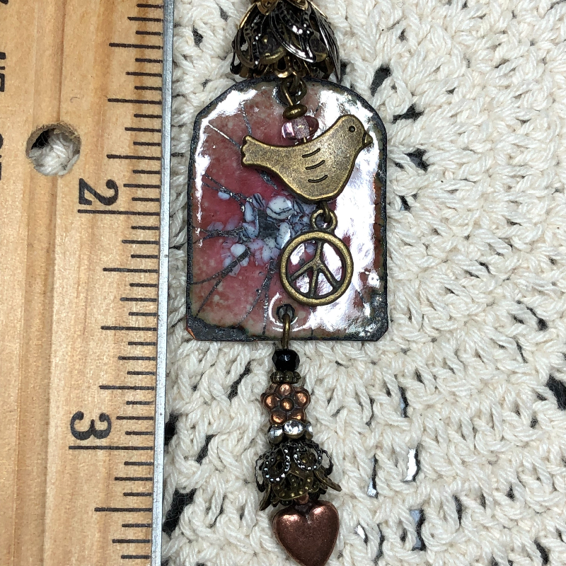 peace, love, woodstock bird enameled floral necklace pendant