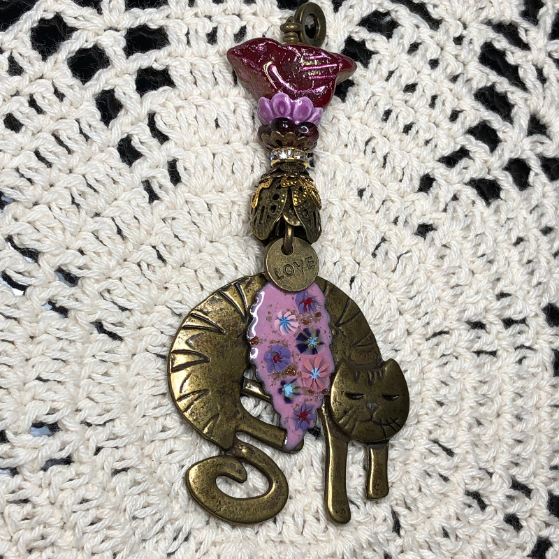 bronze cat, pink floral leaf, fuchsia bird necklace pendant