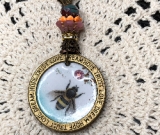bee-love & a pink flower enameled necklace pendant