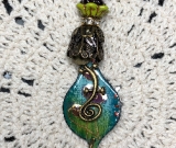 rustic urban gecko, wooded grasses enameled necklace pendant