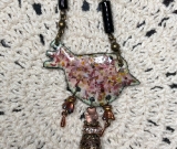enameled pink spotted bird, black agate necklace pendant