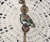 cherry blossom tree enameled bird, necklace pendant-2