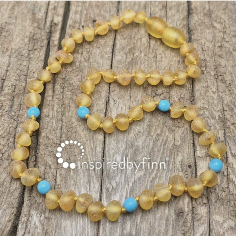 <u>Baltic Amber Teething Necklace - Kids Amber Necklace - Unpolished Blue Azure, All Kids Sizes<br>Inspired by Finn</u>