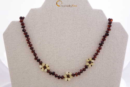 <u>SALE! Baltic Amber Adult/Adolescent Necklace - Unpolished Dark Cherry Flower</u>