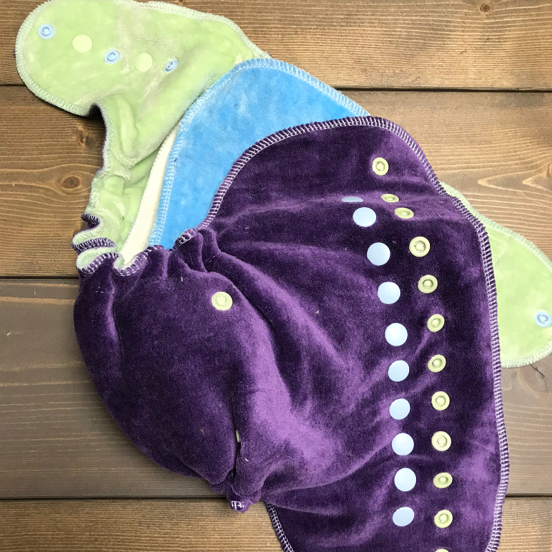 Organic bamboo velour: Purple outer, lime inner, blue soakers- serged Sleepytime