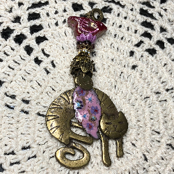 bronze cat, pink with lavender floral leaf, merlot wine bird necklace pendant