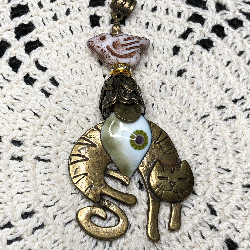 bronze cat, olive leaf, white bird necklace pendant