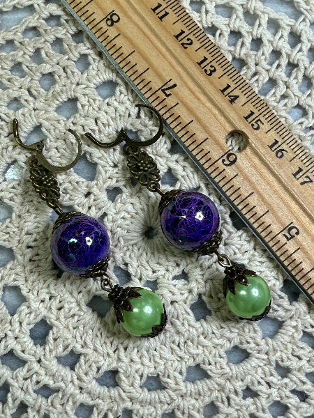 vintage estate ball drop earrings puprple & lime green