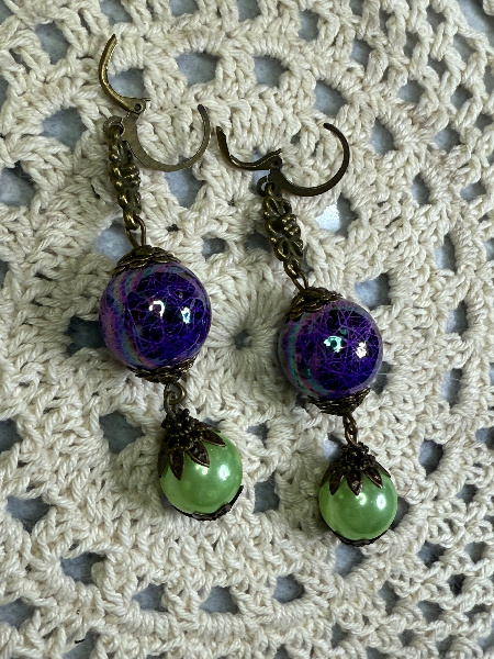 vintage estate ball drop earrings puprple & lime green
