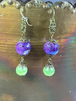 vintage estate ball drop earrings puprple & lime green