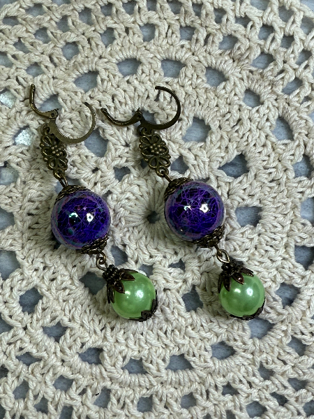 vintage estate ball drop earrings puprple & lime green