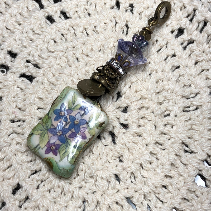 tiny blue & purple vintage artisan ceramic necklace pendant 2