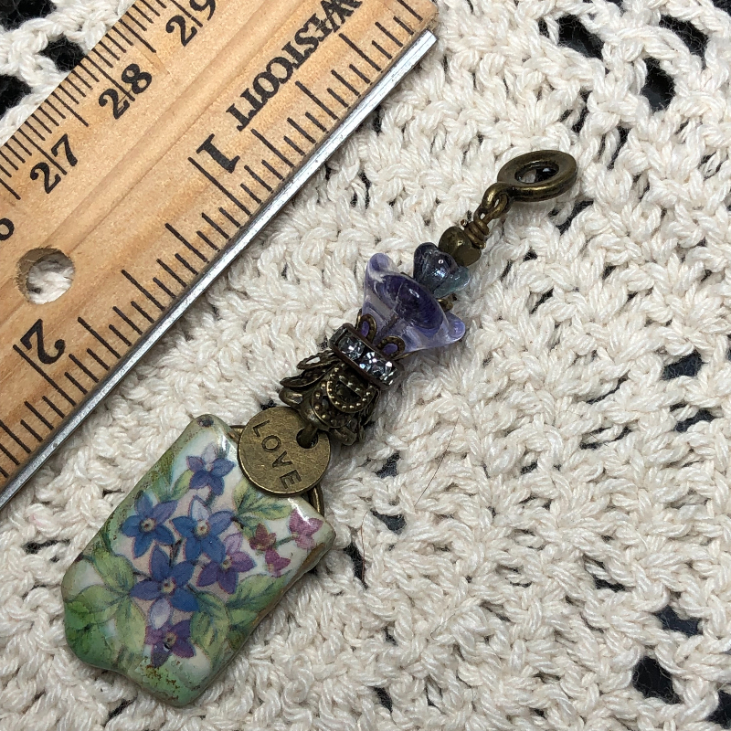 little blue & purple flowers, vintage artisan ceramic necklace pendant-1