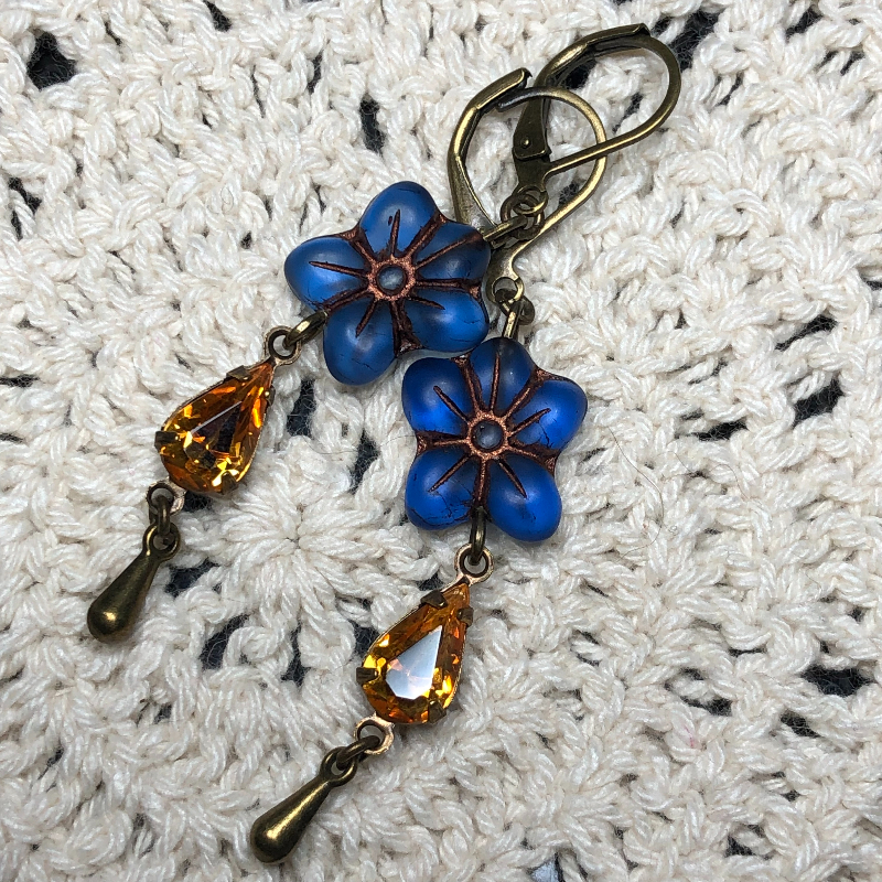 cobalt flos & golden drop earrings