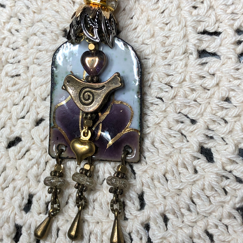 upon a purple lotus bird enameled necklace pendant