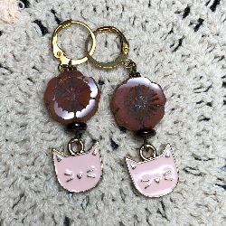 red flower, pink cat earrings