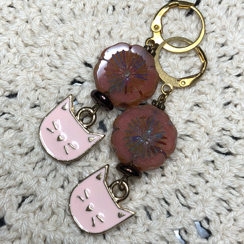 red flower, pink cat earrings