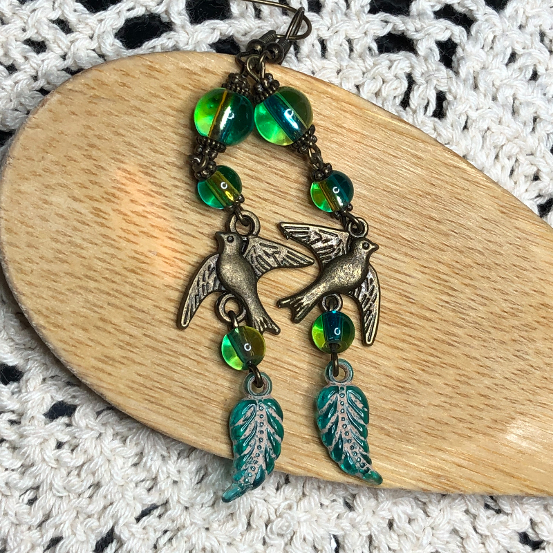 quiet river bronze bird vintage beaded earrings