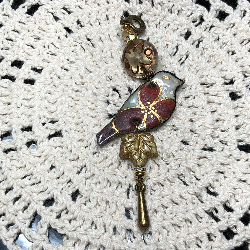 red flower enameled bird necklace pendant