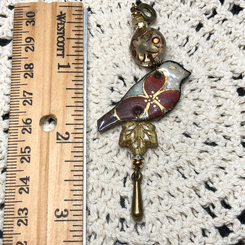 red flower enameled bird necklace pendant