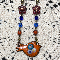 happy orange enameled bird necklace pendant