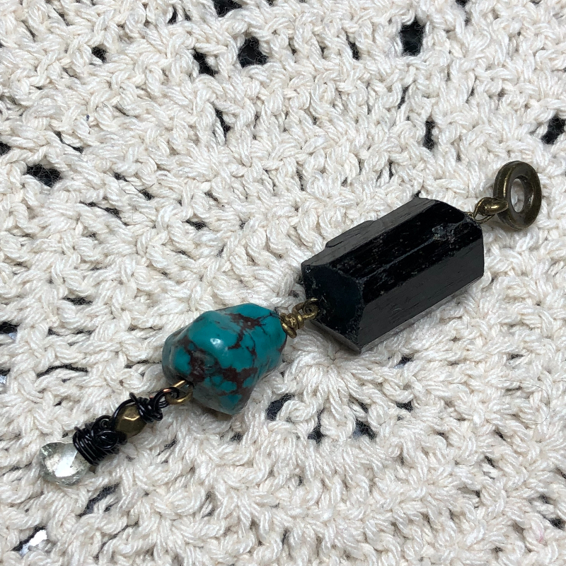 black tourmaline, turquoise & quartz crystal gemstone necklace pendant