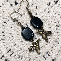 bronze hummingbird, black vintage beaded earrings