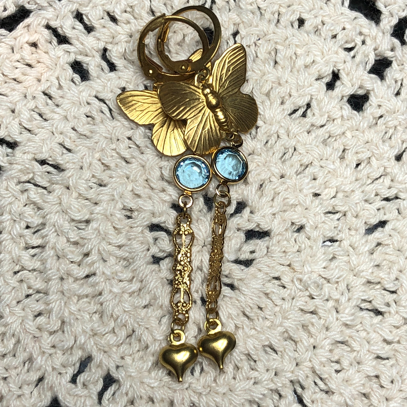 brass butterfly blue drop earrings