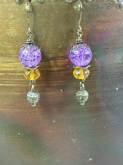 vintage estate purple crystal ball & golden topaz glass earrings