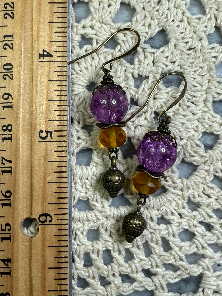 vintage estate purple crystal ball & golden topaz glass earrings