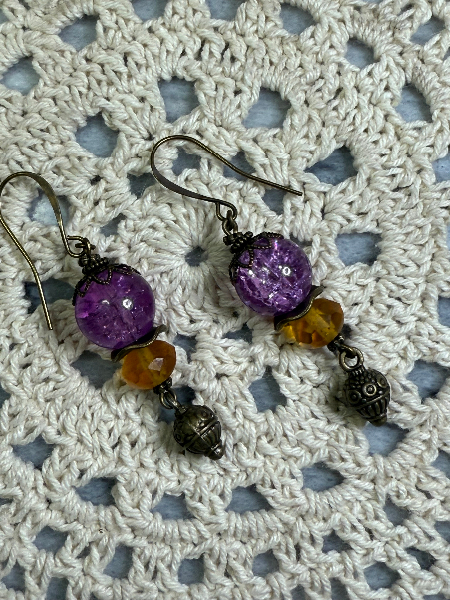 vintage estate purple crystal ball & golden topaz glass earrings