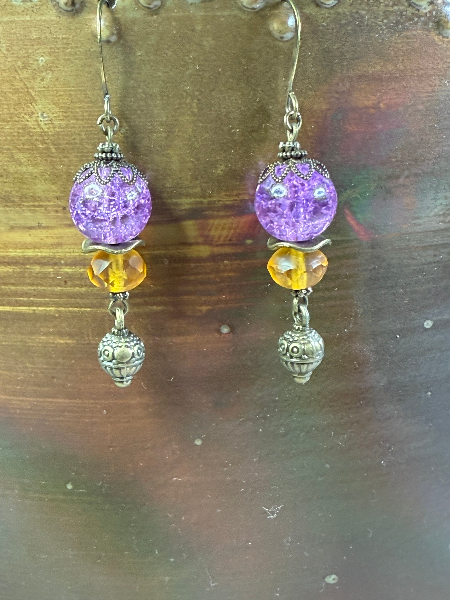 vintage estate purple crystal ball & golden topaz glass earrings