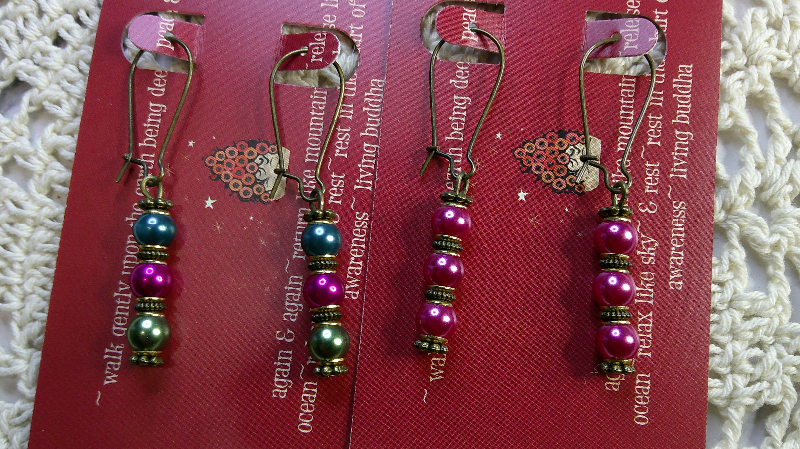 earring sets-vintage beaded pearlish drop earrings brass ear wires-teal/fuchsia/forest & fuchsia