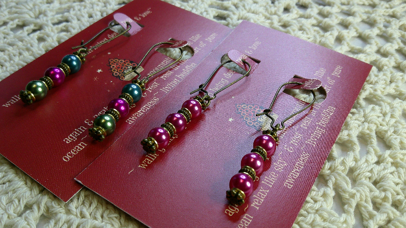 earring sets-vintage beaded pearlish drop earrings brass ear wires-teal/fuchsia/forest & fuchsia