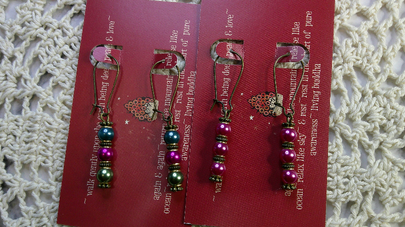 earring sets-vintage beaded pearlish drop earrings brass ear wires-teal/fuchsia/forest & fuchsia