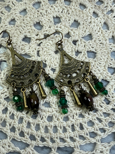 jasper glass, deep green glass,  chandelier earrings
