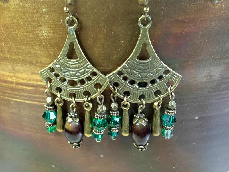 jasper glass, deep green glass,  chandelier earrings