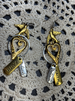 uplifting words-golden bird & heart earrings