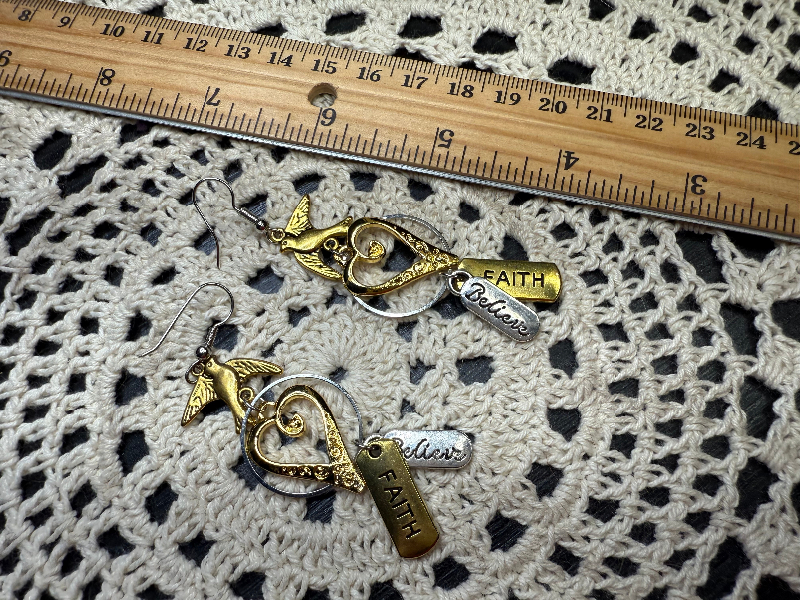 uplifting words-golden bird & heart earrings