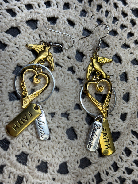 uplifting words-golden bird & heart earrings