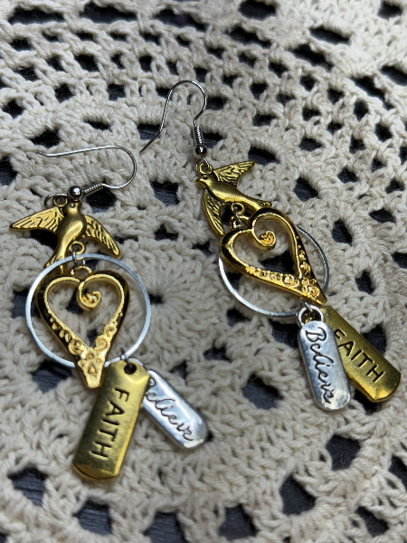 uplifting words-golden bird & heart earrings