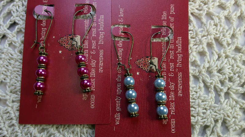 earring sets-vintage beaded pearlish drop earrings brass ear wires-blue & fuchsia