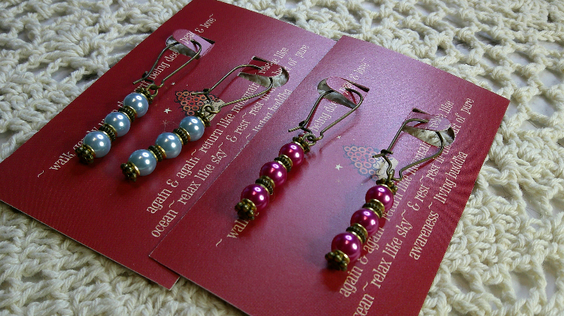 earring sets-vintage beaded pearlish drop earrings brass ear wires-blue & fuchsia