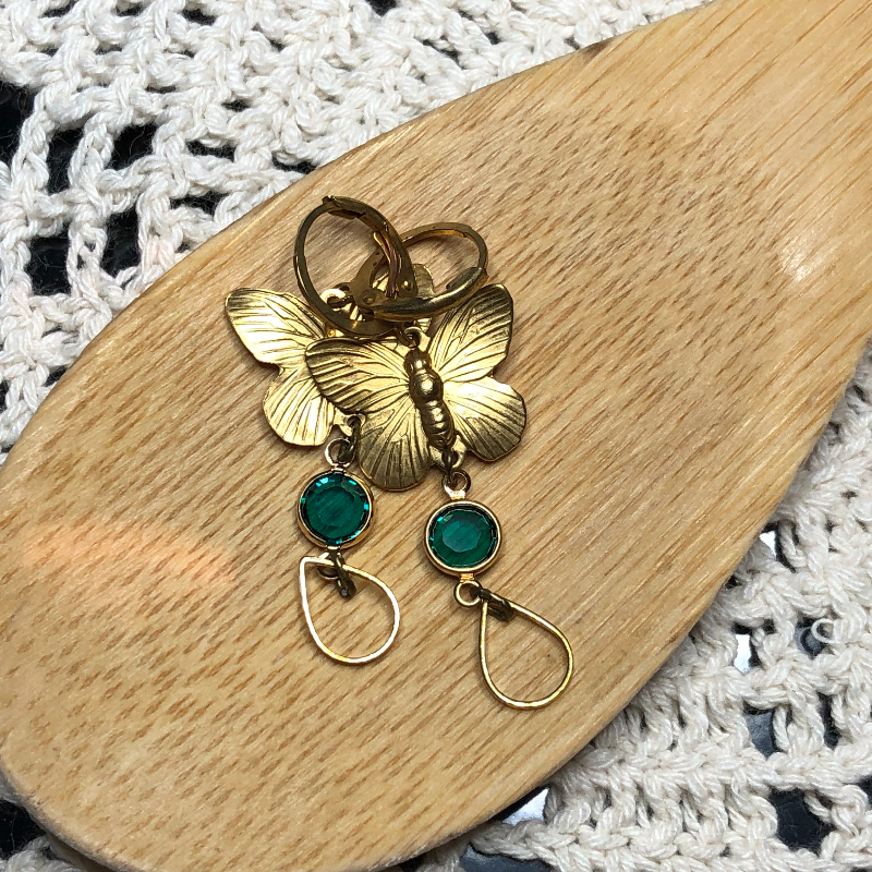 brass butterfly green drop earrings
