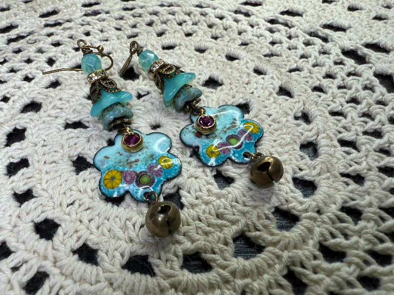 enameled blue floral earrings